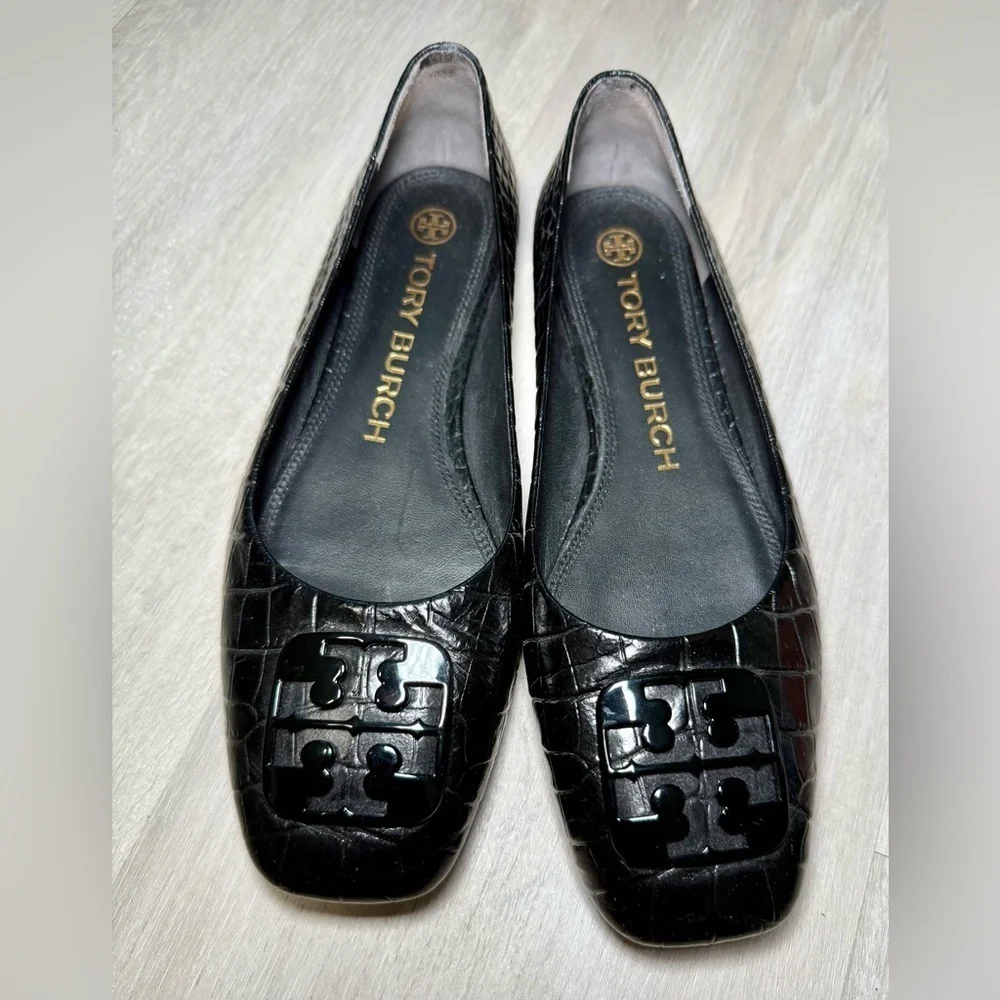 Tory Burch Black Croc Embossed Ballet Flats Logo Embellishment Women's Size 7